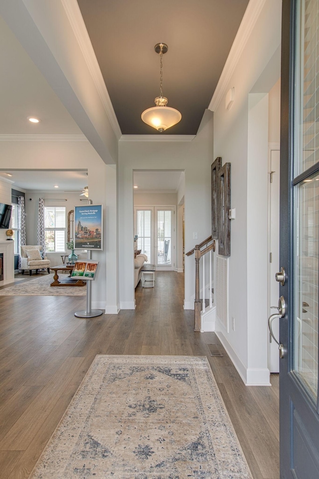 foyer entrance with wood finished floors, a healthy amount of sunlight, and crown molding