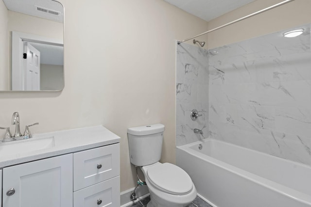 bathroom featuring washtub / shower combination, visible vents, toilet, vanity, and baseboards