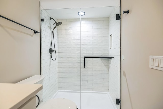 full bathroom with toilet, vanity, and a stall shower