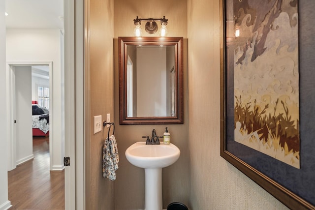 bathroom featuring wood finished floors, baseboards, and a sink