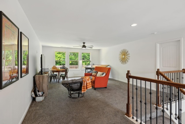 living area with carpet, baseboards, a ceiling fan, and recessed lighting