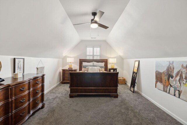 carpeted bedroom with lofted ceiling, baseboards, and a ceiling fan