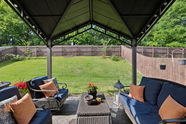 view of patio / terrace featuring an outdoor hangout area and a gazebo
