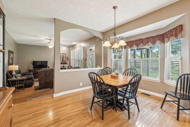 313 Walpole Ct, Nolensville, TN 37135 - dining space with a textured ceiling, light wood-style floors, arched walkways, baseboards, and visible vents
