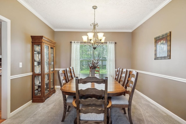 313 Walpole Ct, Nolensville, TN 37135 - dining area with an inviting chandelier, ornamental molding, baseboards, a textured ceiling, and light colored carpet