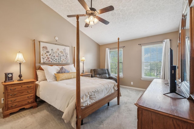 313 Walpole Ct, Nolensville, TN 37135 - bedroom featuring light carpet, a textured ceiling, vaulted ceiling, baseboards, and ceiling fan