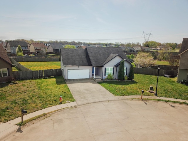 2330 Spike Ct, Clarksville, TN 37040 - ranch-style home with fence, a residential view, concrete driveway, an attached garage, and a front yard
