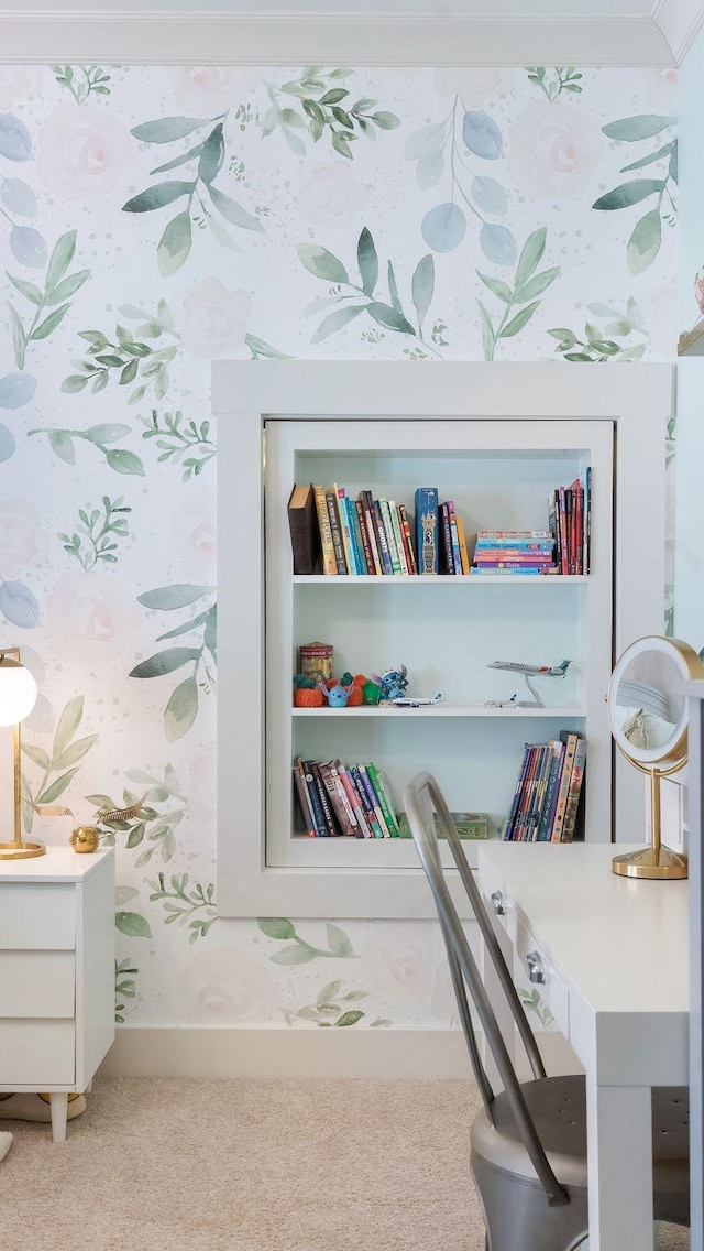 office space with carpet flooring and wallpapered walls