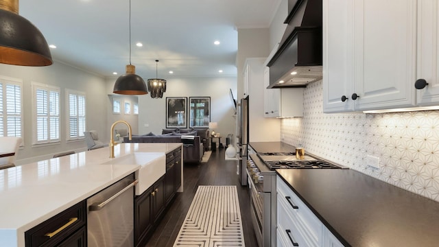 kitchen with stainless steel appliances, a sink, dark wood finished floors, open floor plan, and custom exhaust hood
