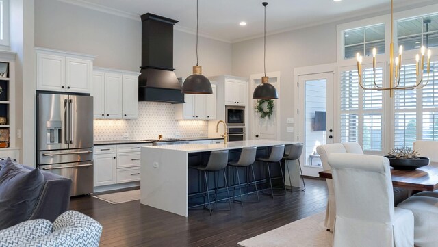 kitchen featuring stainless steel appliances, dark wood-style flooring, custom exhaust hood, decorative backsplash, and crown molding