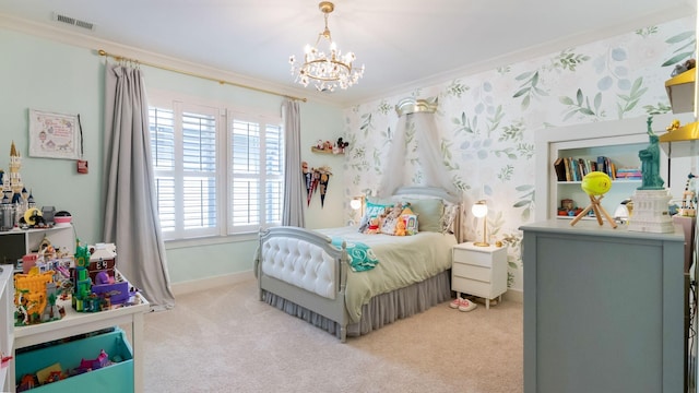 bedroom featuring carpet, visible vents, ornamental molding, baseboards, and a notable chandelier
