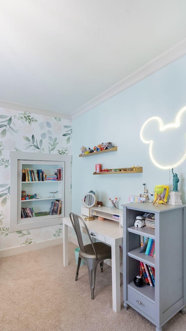 office space featuring light carpet and crown molding