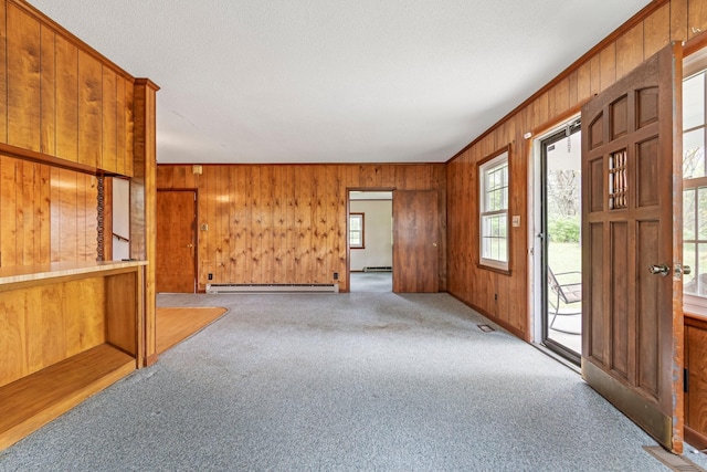 4103 Arno Rd, Franklin, TN 37064 - unfurnished living room with a baseboard heating unit, wood walls, and carpet