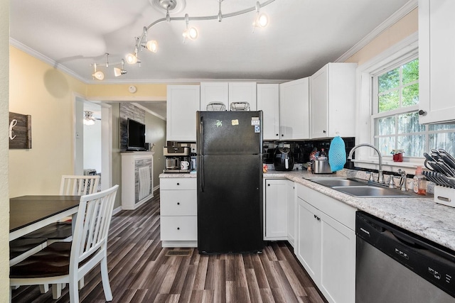 212 Mullican St, Mcminnville, TN 37110 - kitchen with dark wood-style floors, dishwasher, a sink, freestanding refrigerator, and crown molding