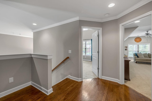 1026 Claymill Dr, Spring Hill, TN 37174 - corridor featuring baseboards, ornamental molding, wood finished floors, and an upstairs landing
