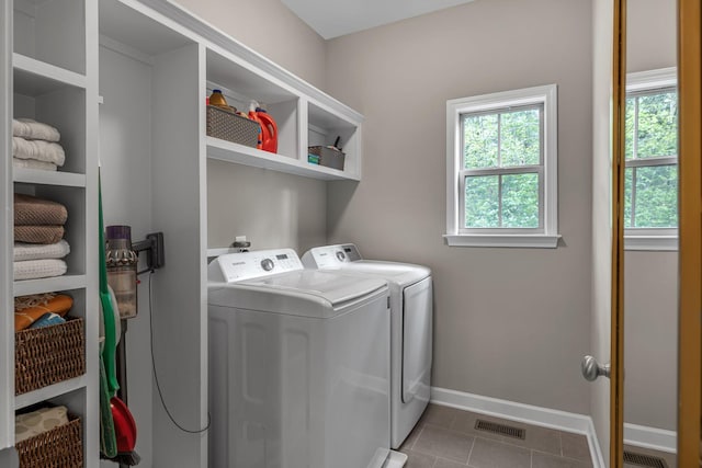 1026 Claymill Dr, Spring Hill, TN 37174 - clothes washing area with tile patterned floors, laundry area, visible vents, baseboards, and washer and dryer