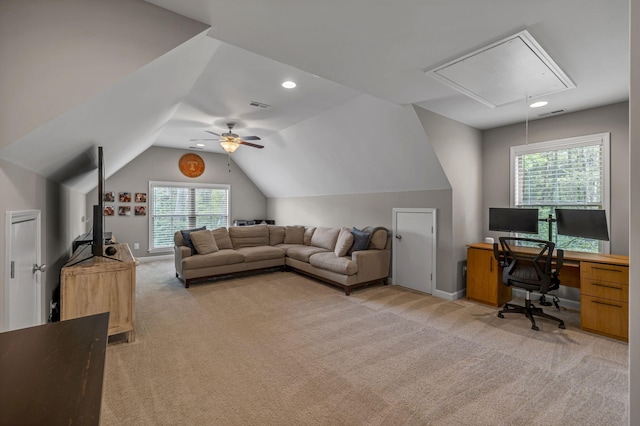 1026 Claymill Dr, Spring Hill, TN 37174 - home office with attic access, ceiling fan, a healthy amount of sunlight, and light colored carpet