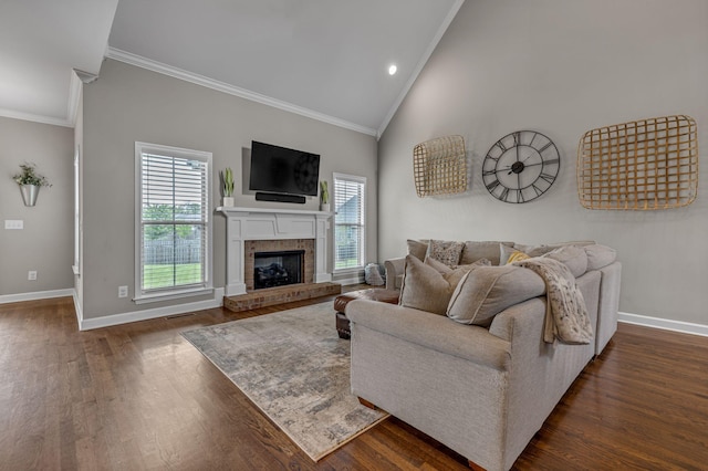 1026 Claymill Dr, Spring Hill, TN 37174 - living area with crown molding, baseboards, a brick fireplace, high vaulted ceiling, and dark wood-style flooring