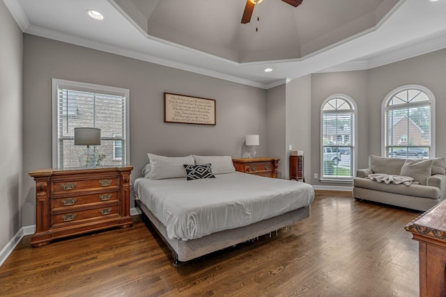 1026 Claymill Dr, Spring Hill, TN 37174 - bedroom featuring a raised ceiling, recessed lighting, dark wood-type flooring, and ornamental molding