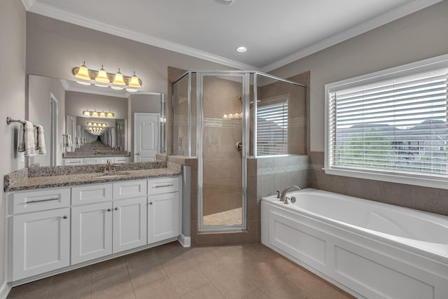 1026 Claymill Dr, Spring Hill, TN 37174 - bathroom with a bath, tile patterned floors, a stall shower, vanity, and ornamental molding