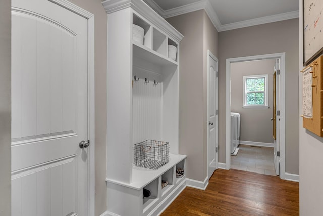 1026 Claymill Dr, Spring Hill, TN 37174 - mudroom featuring baseboards, dark wood-style floors, ornamental molding, and washer / dryer