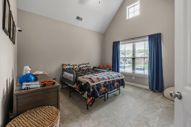 1026 Claymill Dr, Spring Hill, TN 37174 - bedroom with high vaulted ceiling, light carpet, visible vents, and baseboards