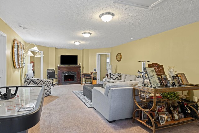 3367 William Bailey Dr, Nashville, TN 37207 - carpeted living room featuring a lit fireplace and a textured ceiling