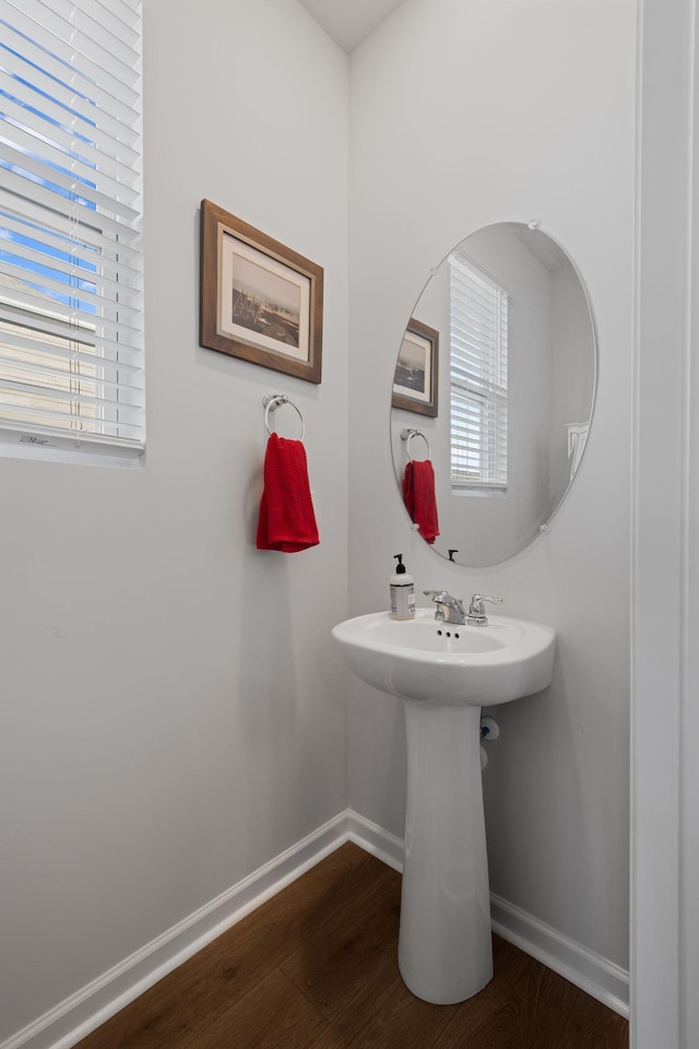 bathroom featuring baseboards, wood finished floors, and a healthy amount of sunlight