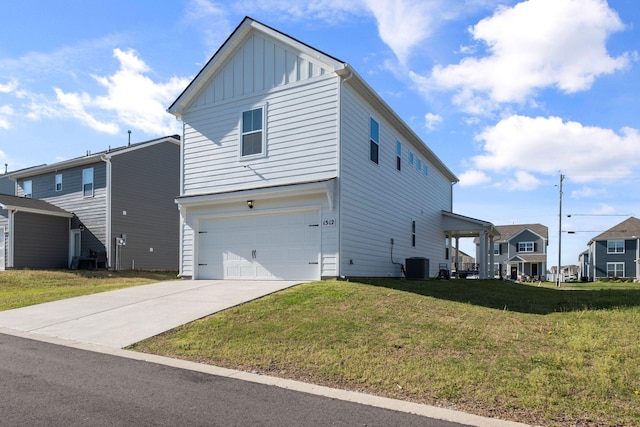 view of property exterior with a yard, cooling unit, concrete driveway, board and batten siding, and a garage