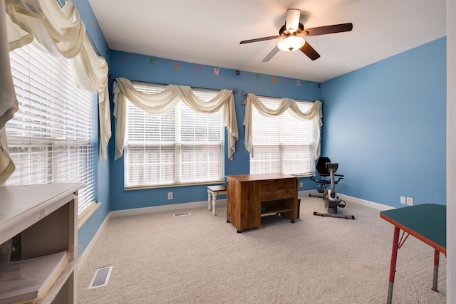 304 Hay Market Ct, Franklin, TN 37067 - home office featuring baseboards, a ceiling fan, visible vents, and carpet flooring
