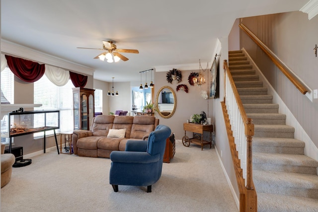 304 Hay Market Ct, Franklin, TN 37067 - living area with stairway, ornamental molding, light carpet, and a ceiling fan