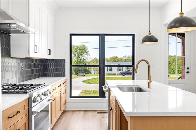 kitchen featuring light wood finished floors, high end stainless steel range, wall chimney range hood, a sink, and a center island with sink