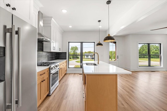 kitchen with premium appliances, a sink, an island with sink, light wood-type flooring, and wall chimney exhaust hood