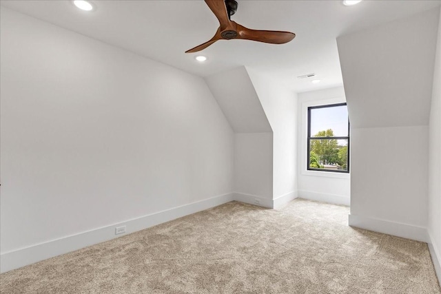 bonus room with vaulted ceiling, carpet flooring, recessed lighting, and a ceiling fan