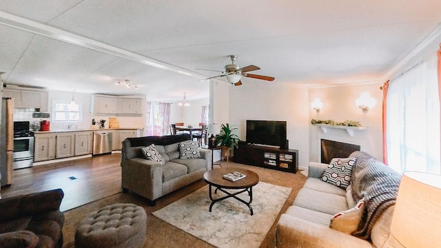 1005 Chris Dr, Portland, TN 37148 - living room with dark wood finished floors and a ceiling fan