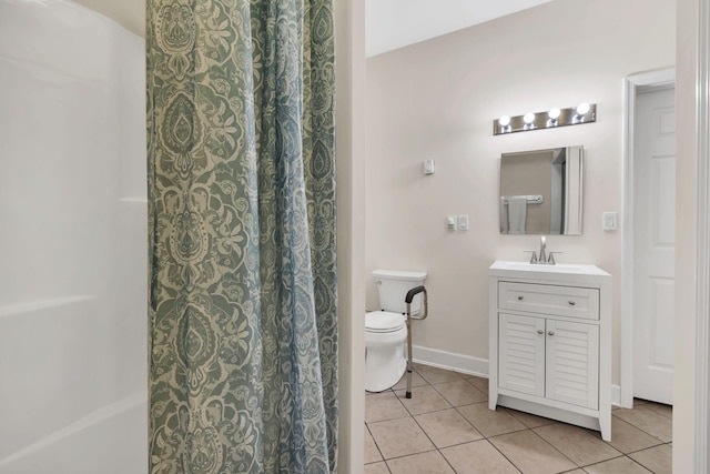 full bathroom with a shower with curtain, toilet, baseboards, tile patterned flooring, and vanity