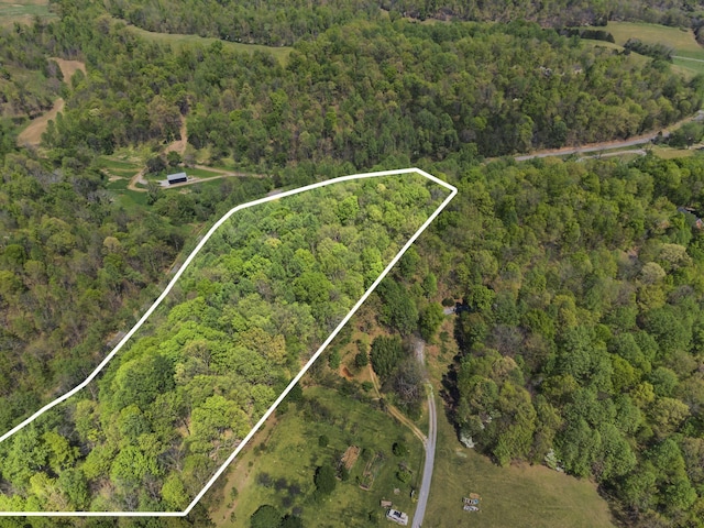 aerial view featuring a wooded view