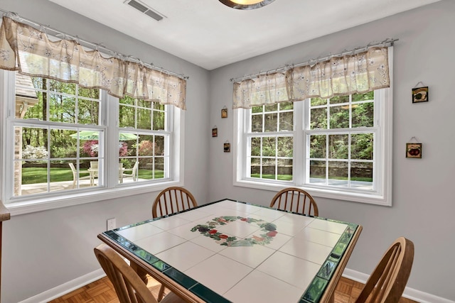 dining space featuring visible vents and baseboards