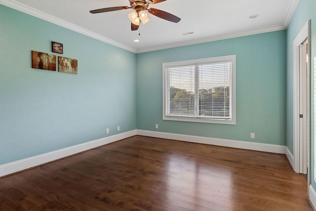 unfurnished bedroom featuring baseboards, recessed lighting, dark wood-type flooring, and crown molding