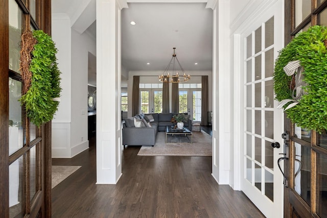 2041 Kingsbarns Dr, Nolensville, TN 37135 - interior space with dark wood-style flooring, french doors, baseboards, a notable chandelier, and recessed lighting