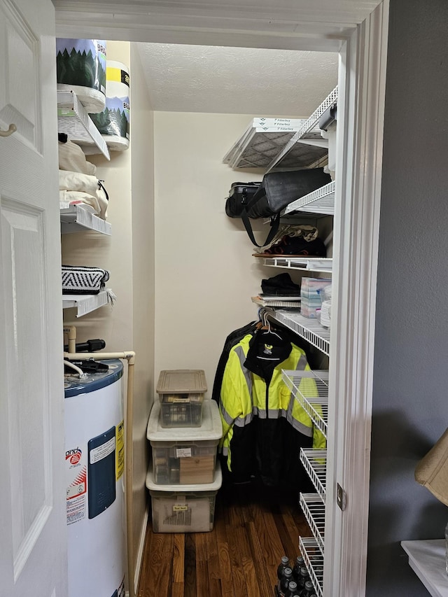 walk in closet featuring water heater and wood finished floors