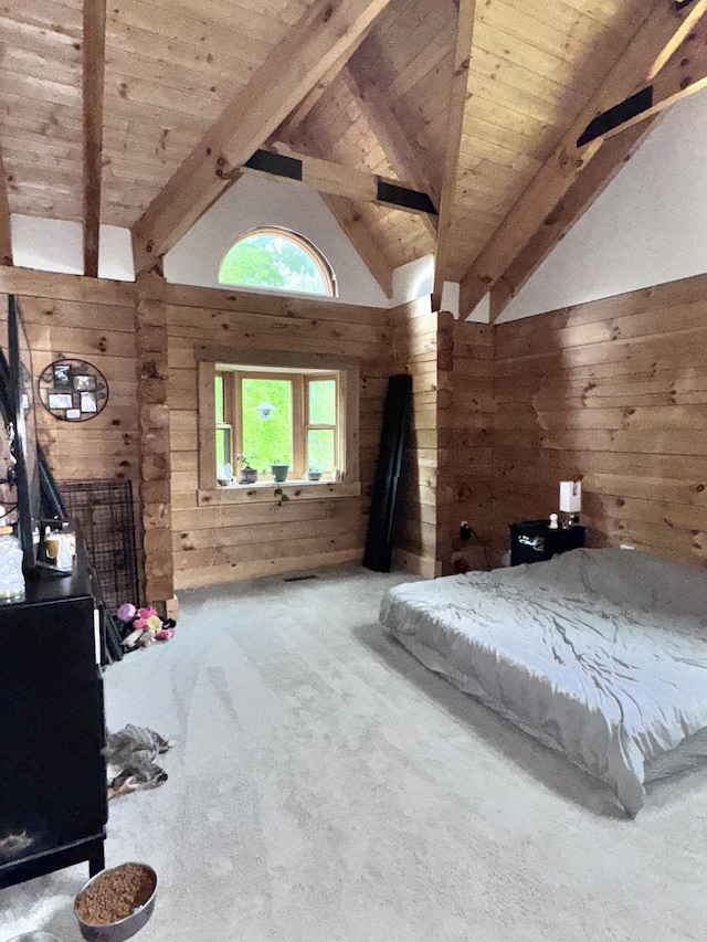 bedroom with beamed ceiling, wooden walls, wooden ceiling, and high vaulted ceiling