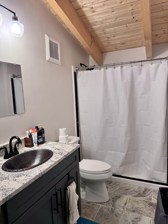 full bath featuring visible vents, toilet, vanity, wooden ceiling, and beam ceiling