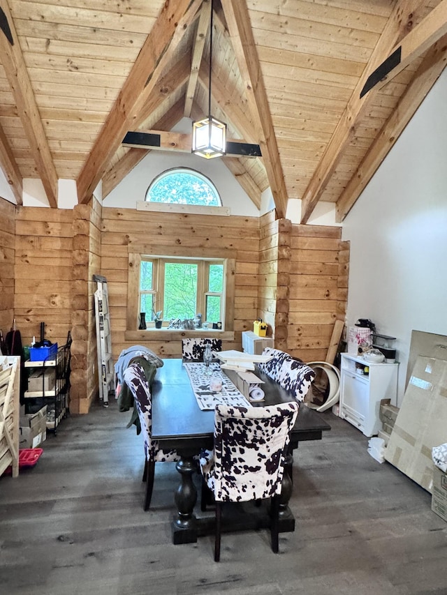 dining room featuring wood ceiling, lofted ceiling with beams, and wood finished floors