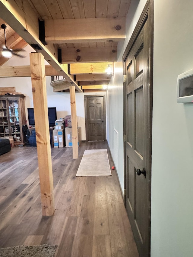 interior space with beamed ceiling, dark wood finished floors, and wooden ceiling