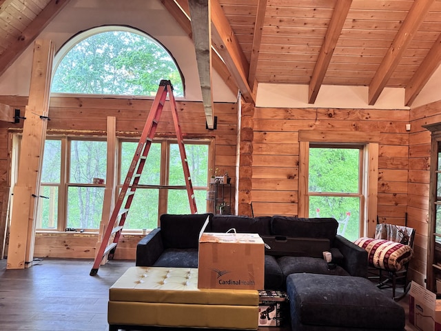 living area featuring plenty of natural light, wood walls, and lofted ceiling with beams