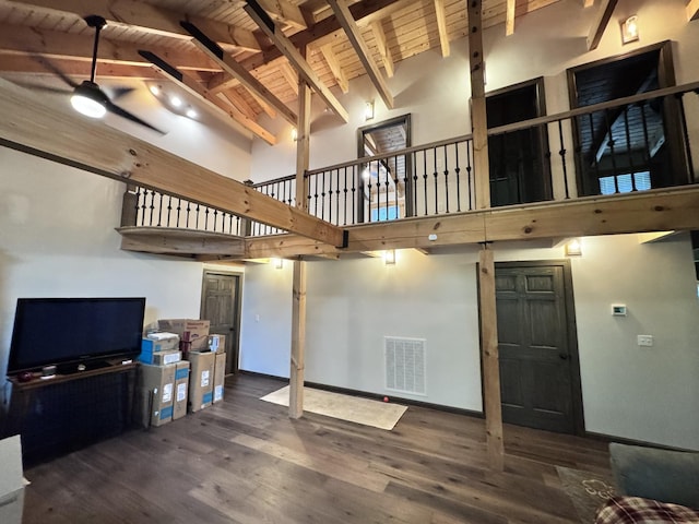 unfurnished living room featuring high vaulted ceiling, wood finished floors, wood ceiling, beam ceiling, and visible vents