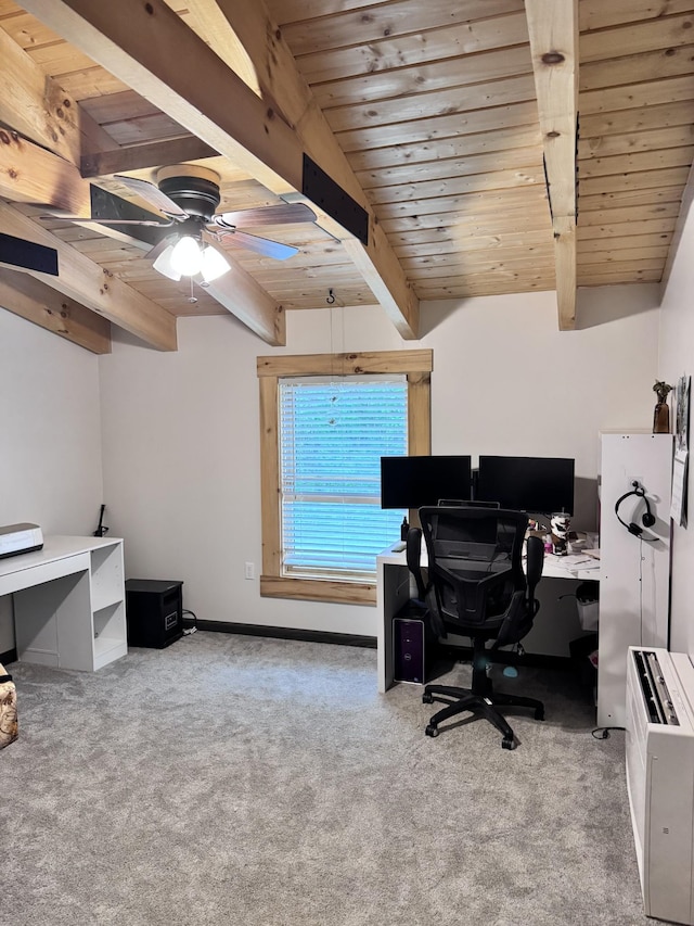 carpeted home office with baseboards, beam ceiling, a ceiling fan, and wood ceiling