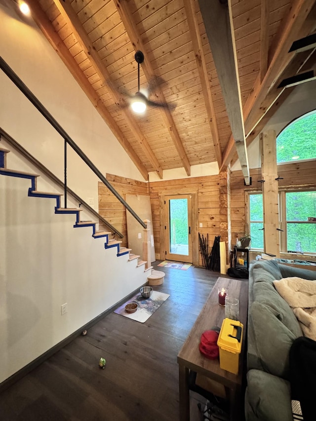 living room featuring high vaulted ceiling, wood finished floors, wood ceiling, beamed ceiling, and wood walls