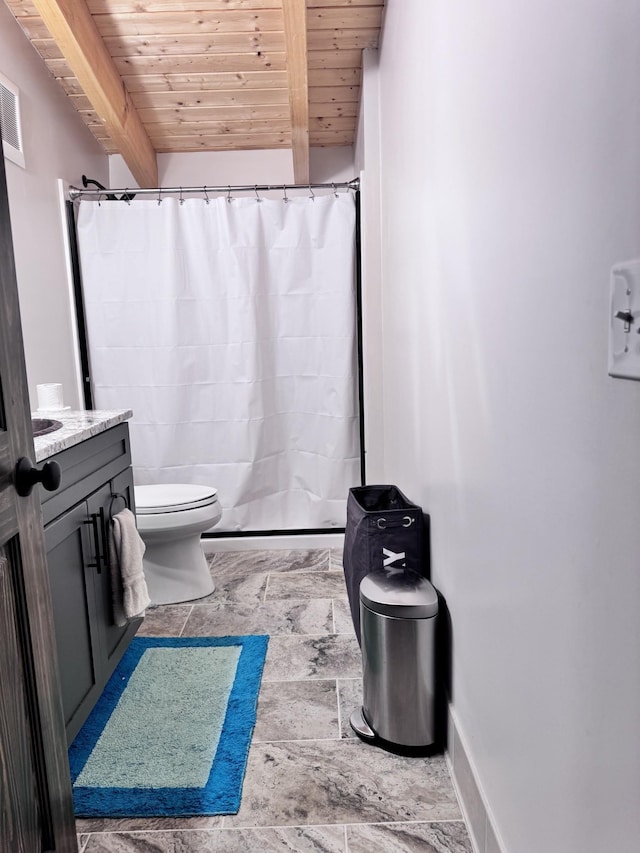 bathroom featuring a shower with shower curtain, toilet, wooden ceiling, and beamed ceiling